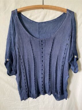 Women's Blue Open-Knit Scoop Neck Top with Intentional Distressing - Flowy